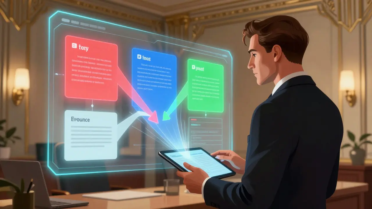 Professional analyzing diverse data streams for balanced decision making