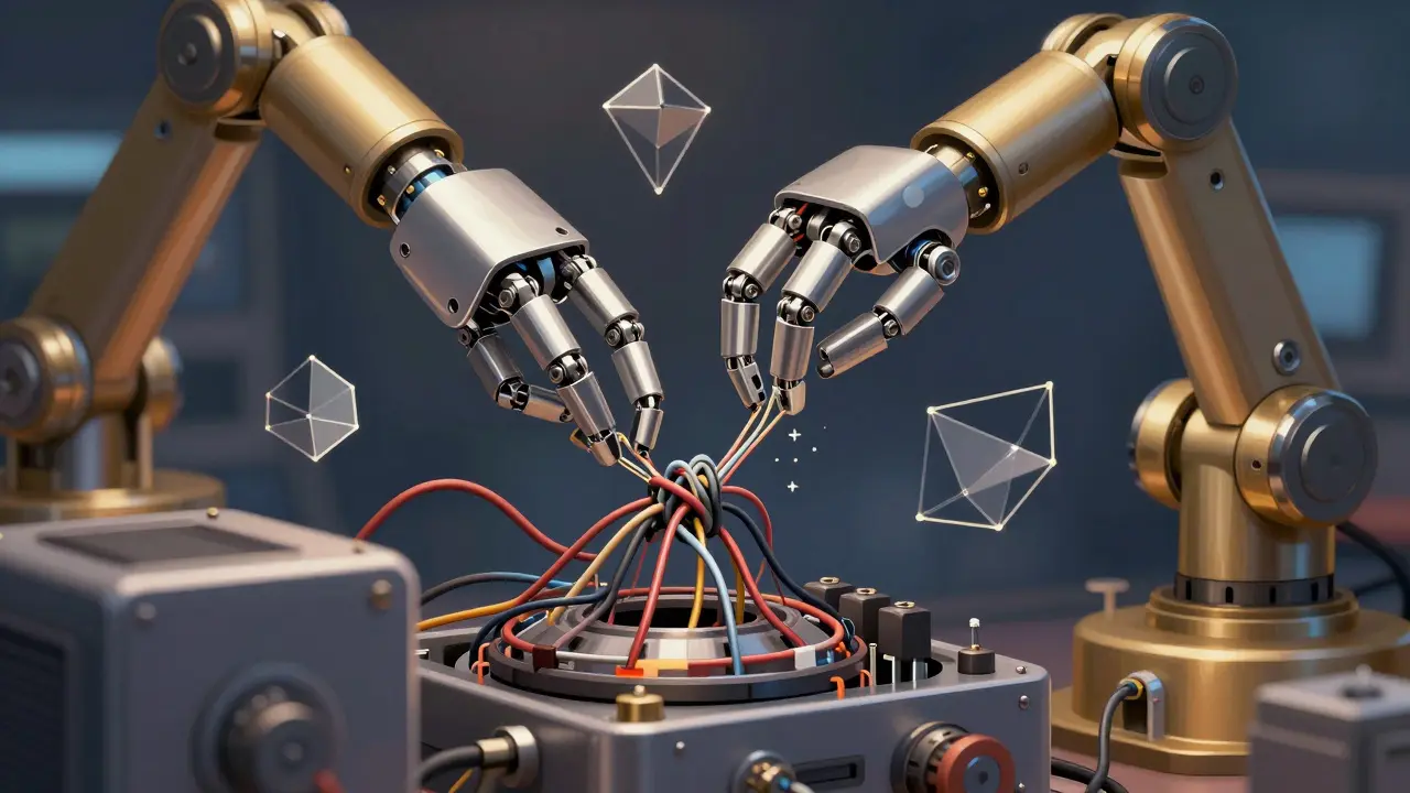 Robotic arm carefully untangles code wires within geometric safety guardrails