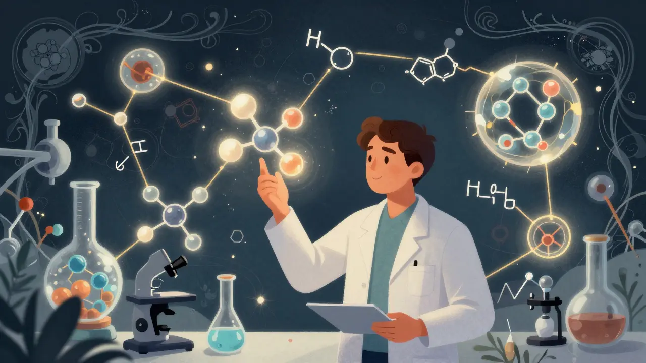 Scientist examining floating molecular networks and hypotheses