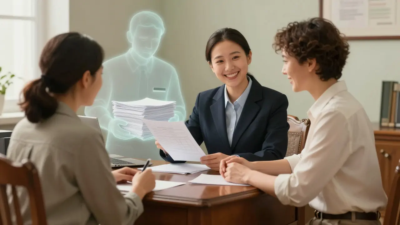 Social worker focusing on client while AI handles paperwork in background.