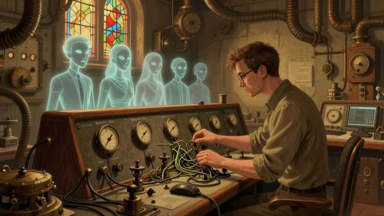 Steampunk-style scene of a developer optimizing AI systems by trimming excess data