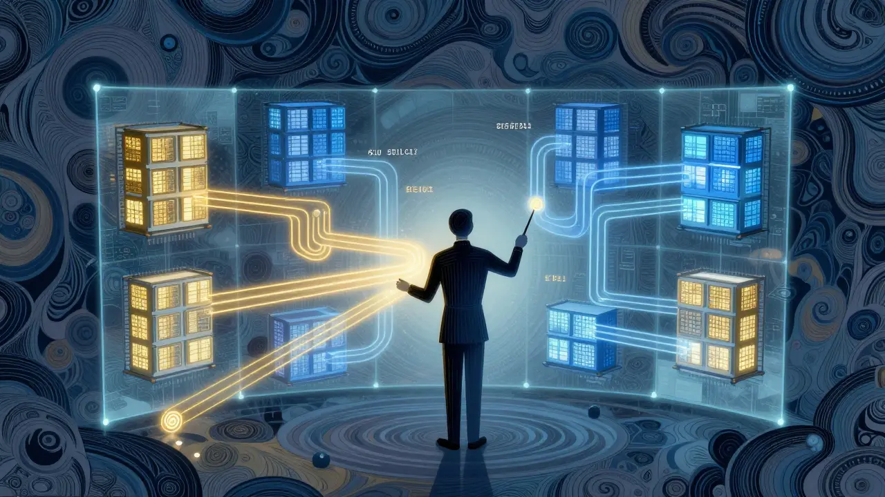 Stylized conductor directing data streams efficiently in a cost-aware scheduling system.