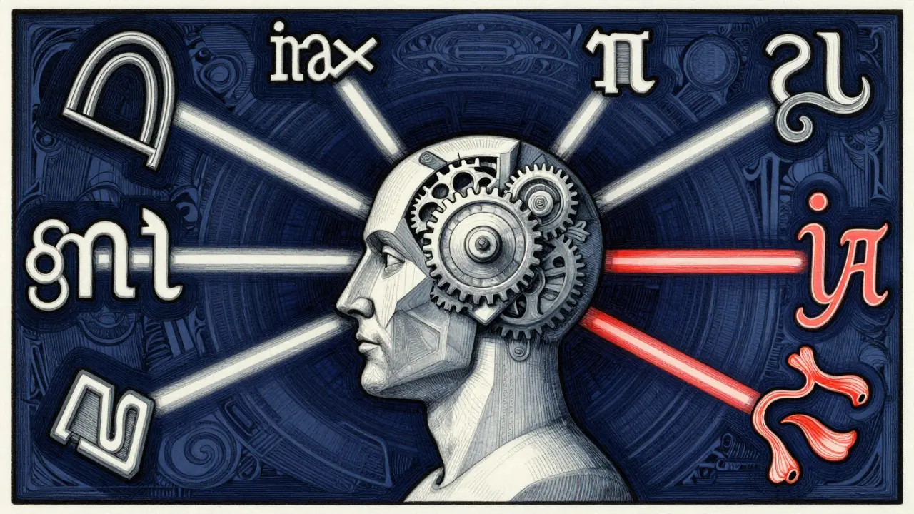 Stylized drawing of a brain with beams analyzing grammar and meaning