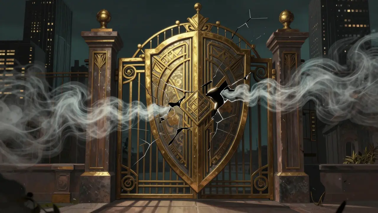 Stylized drawing of a security shield cracking under deceptive digital pressure