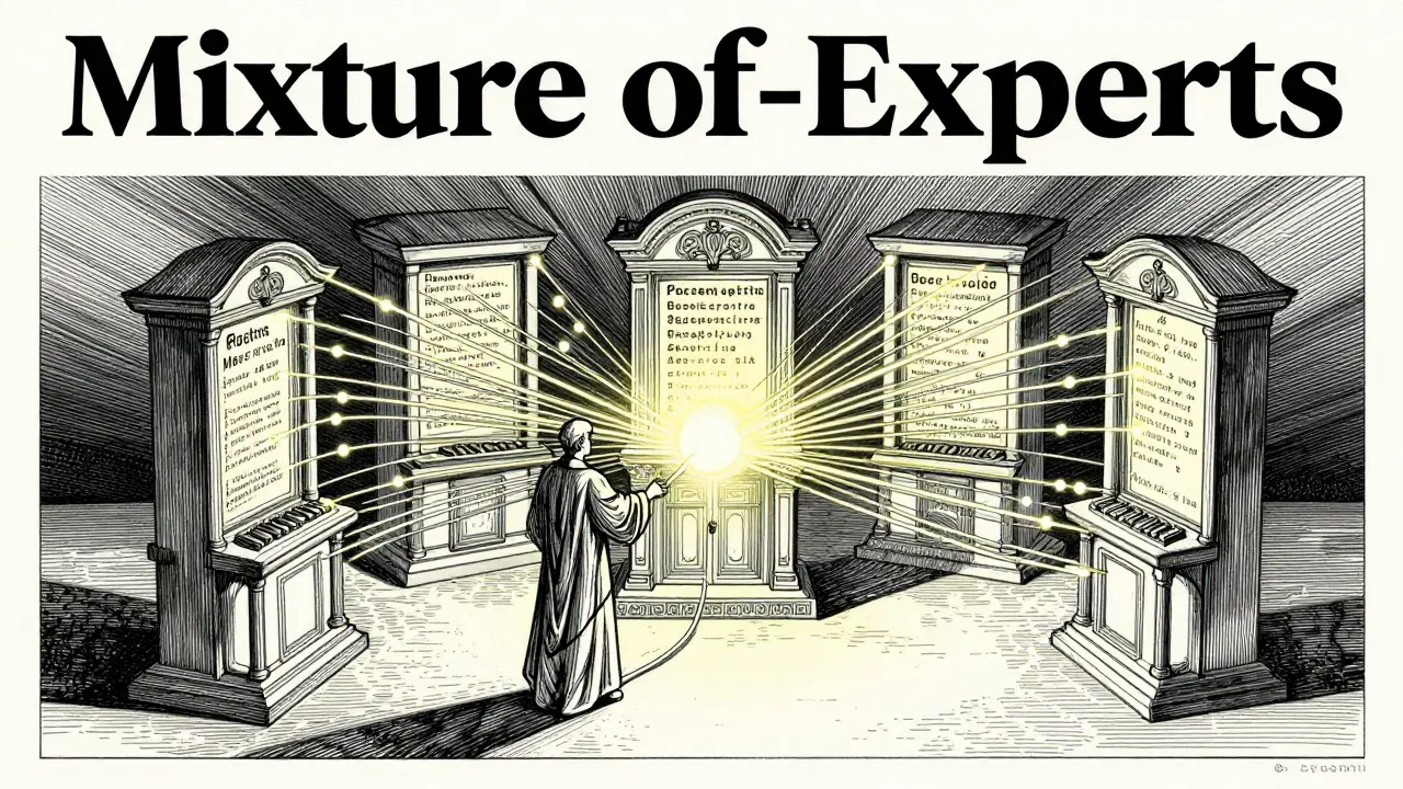 Stylized drawing of data routing to expert sub-networks in AI