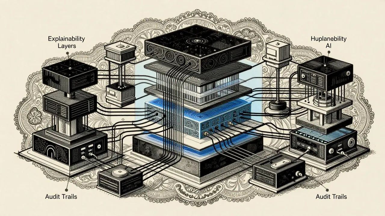 Stylized drawing showing transparent AI architecture with intricate decorative patterns.