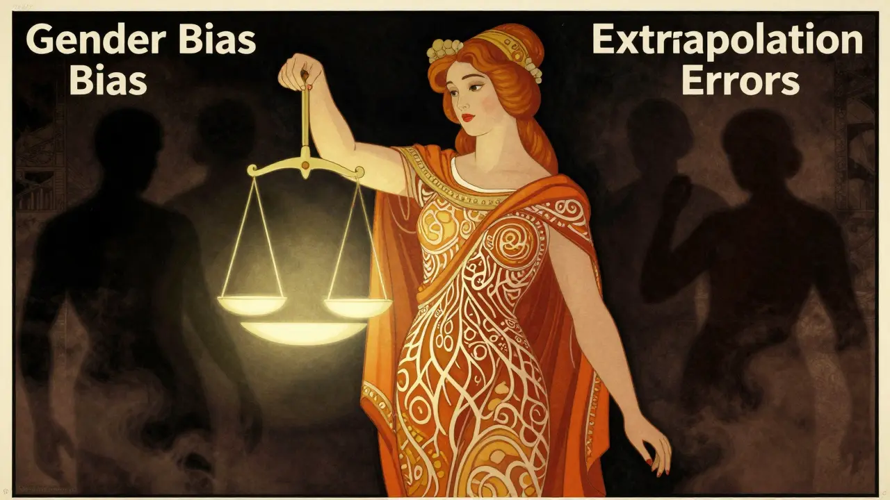 Stylized figure balancing scales against fading shadowy bias figures.