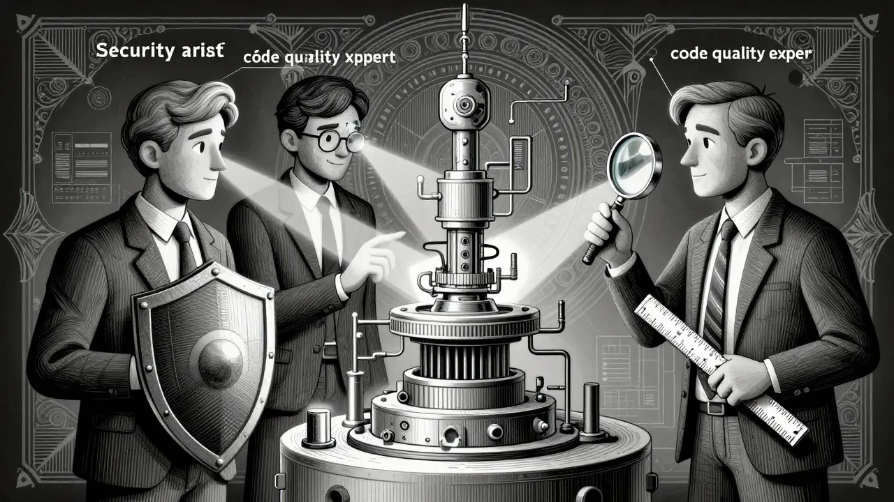 Three AI agents reviewing software design with specialized analytical tools