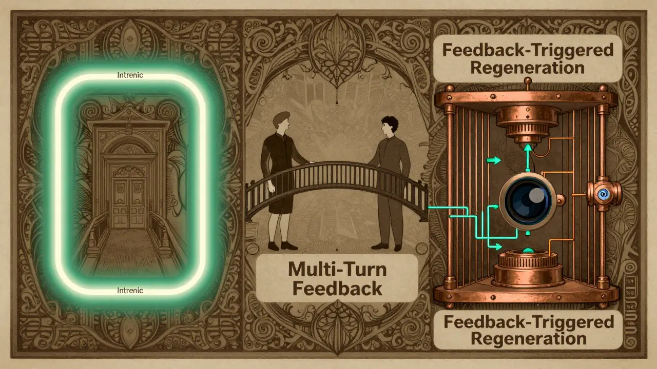 Three distinct architectural paths representing LLM correction methods in vintage art style.