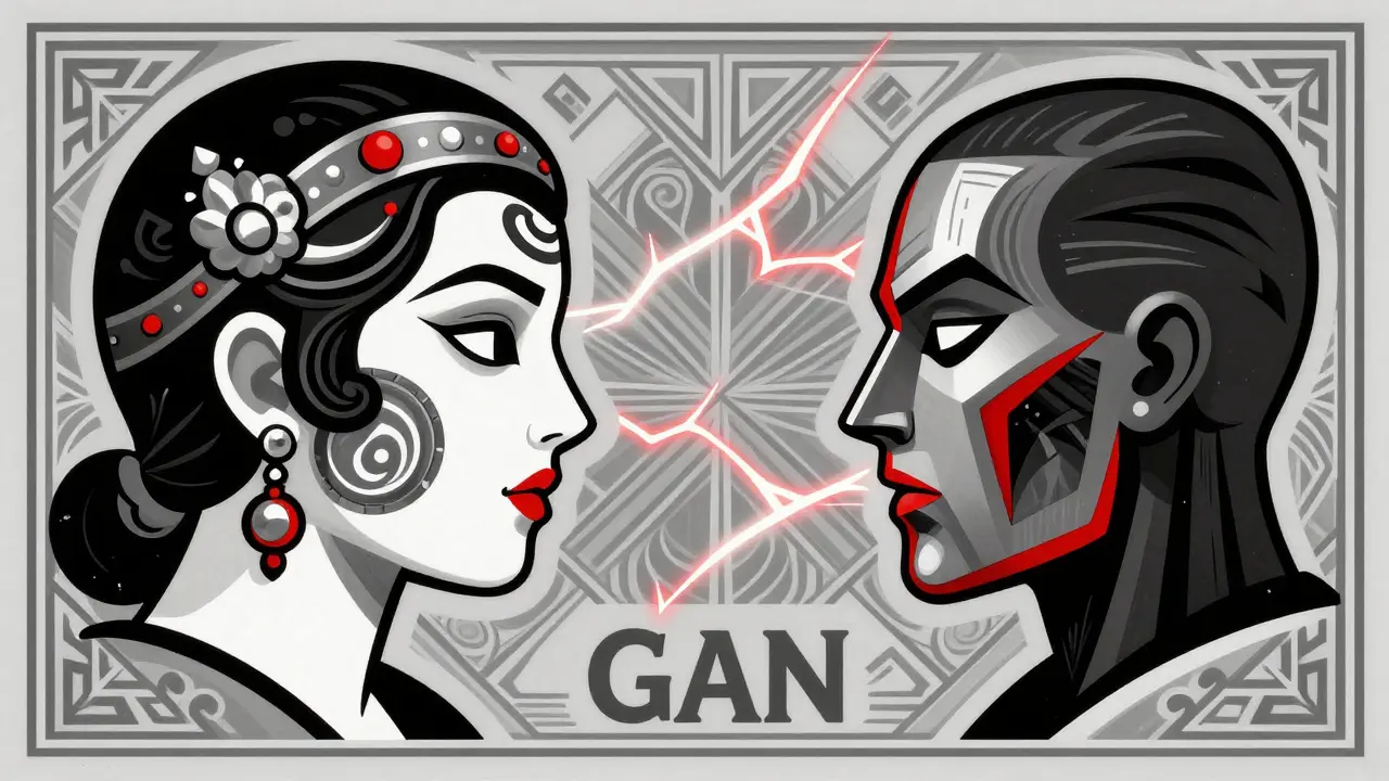 Two stylized masks facing each other, representing the generator and discriminator in GANs.