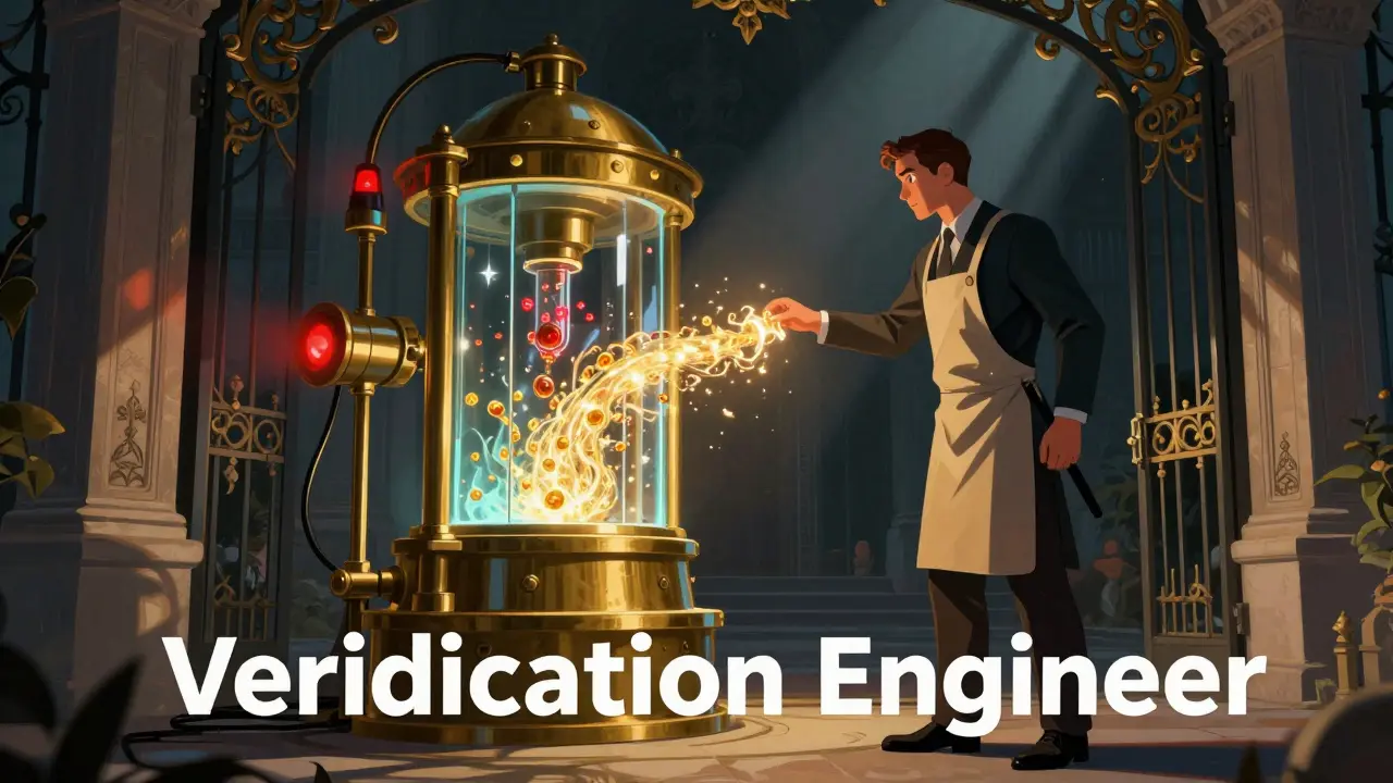 Verification Engineer inspecting code streams through an ornate security gate.