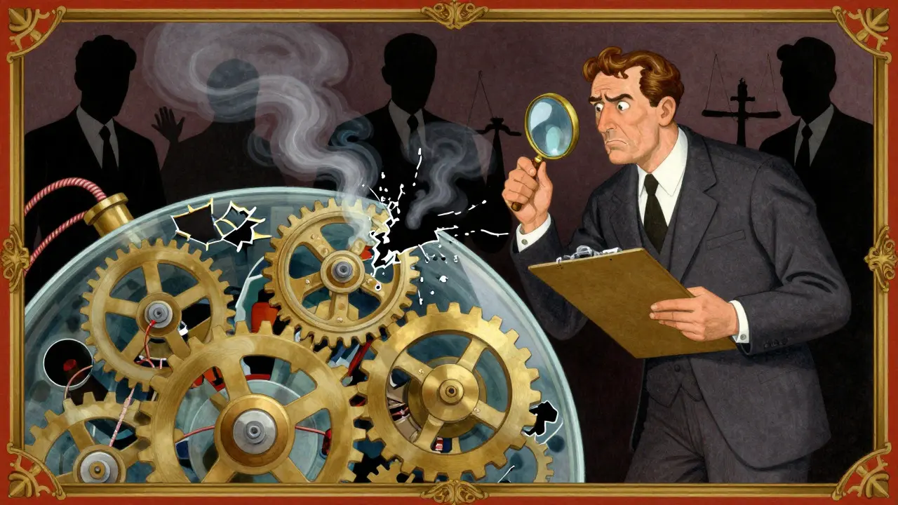 A man inspecting a broken glass clockwork mechanism surrounded by shadowy liabilities.