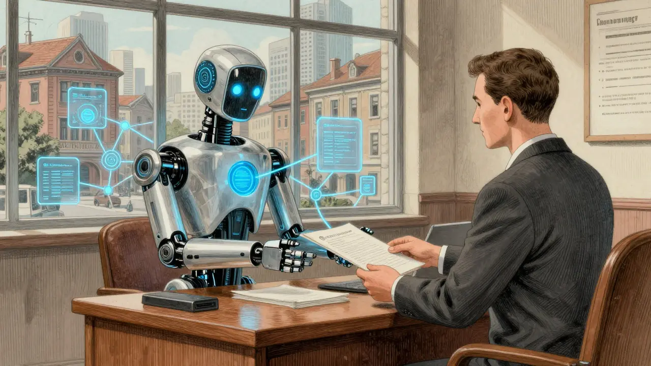 A robot assistant helping a clerk at a desk, blending vintage bureaucracy with future tech.
