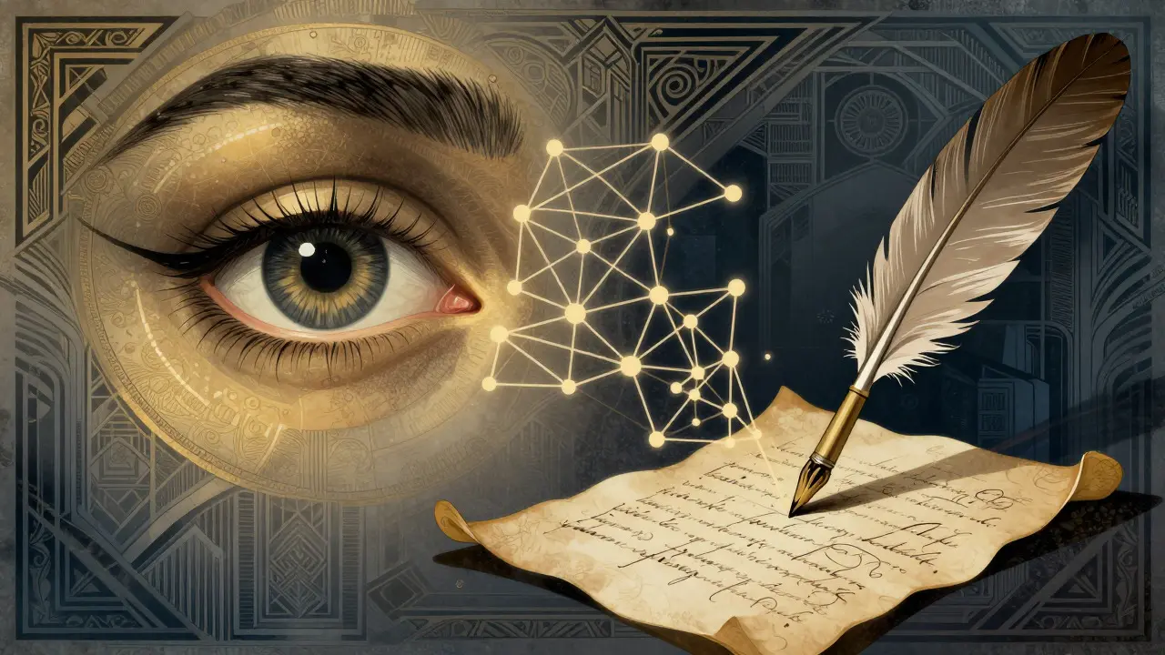 Abstract art showing eye turning into neural networks and writing quill