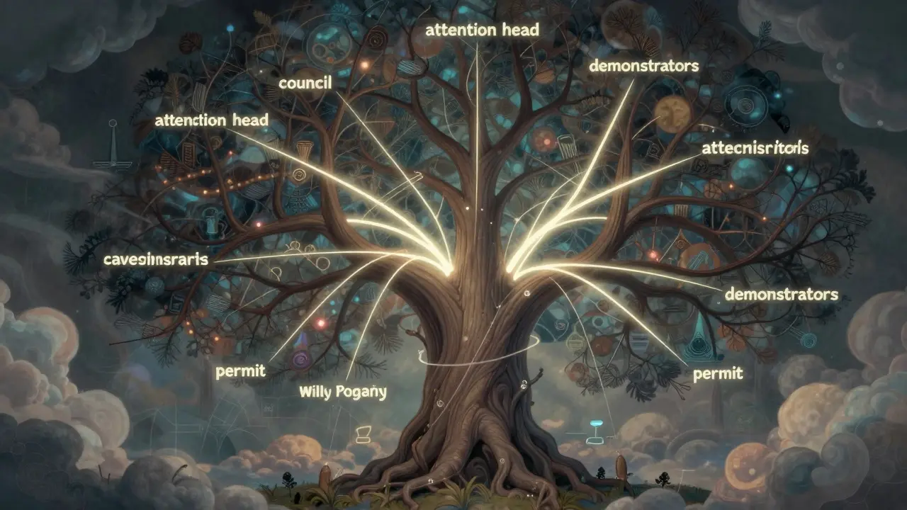 An intricate tree-like structure showing multiple attention heads connecting words.