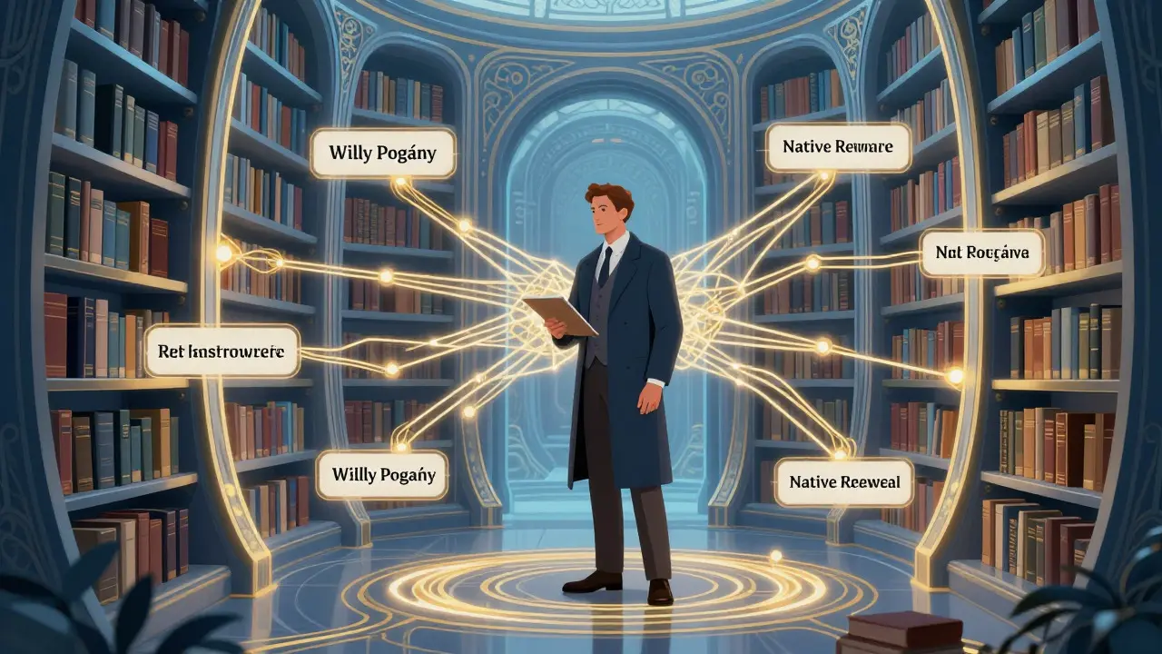 Architect connected to library via glowing threads, showing native retrieval
