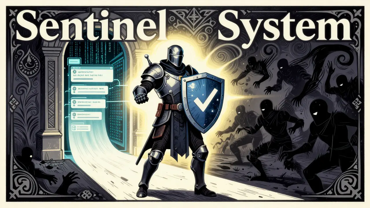 Armored sentinel blocking malicious AI requests at a digital gate