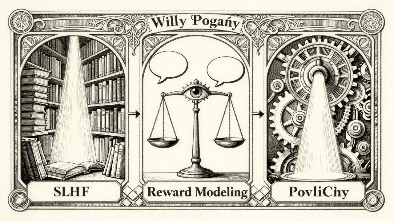 Art Nouveau diagram of the three stages of RLHF training process