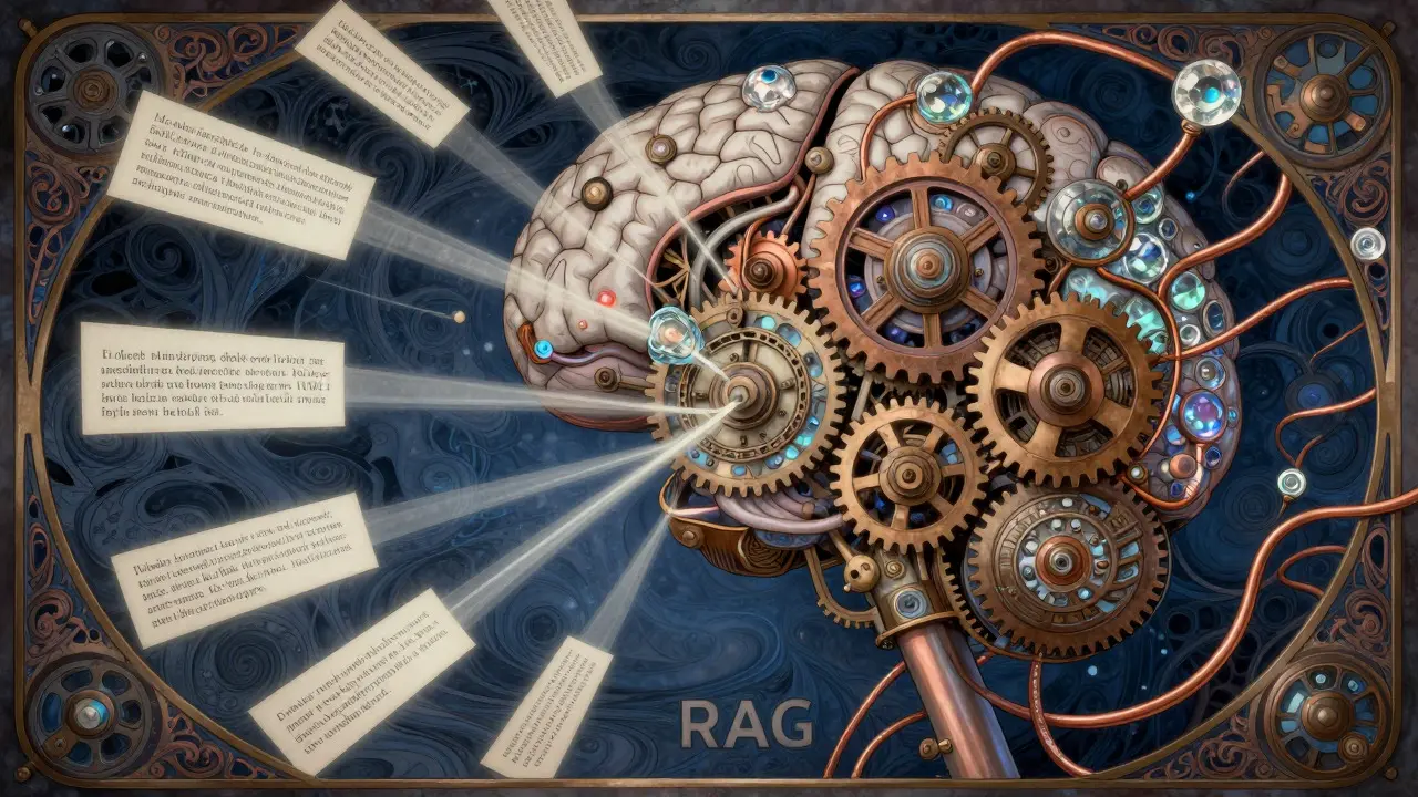 Artistic depiction of an AI engine processing text data through intricate neural network machinery.