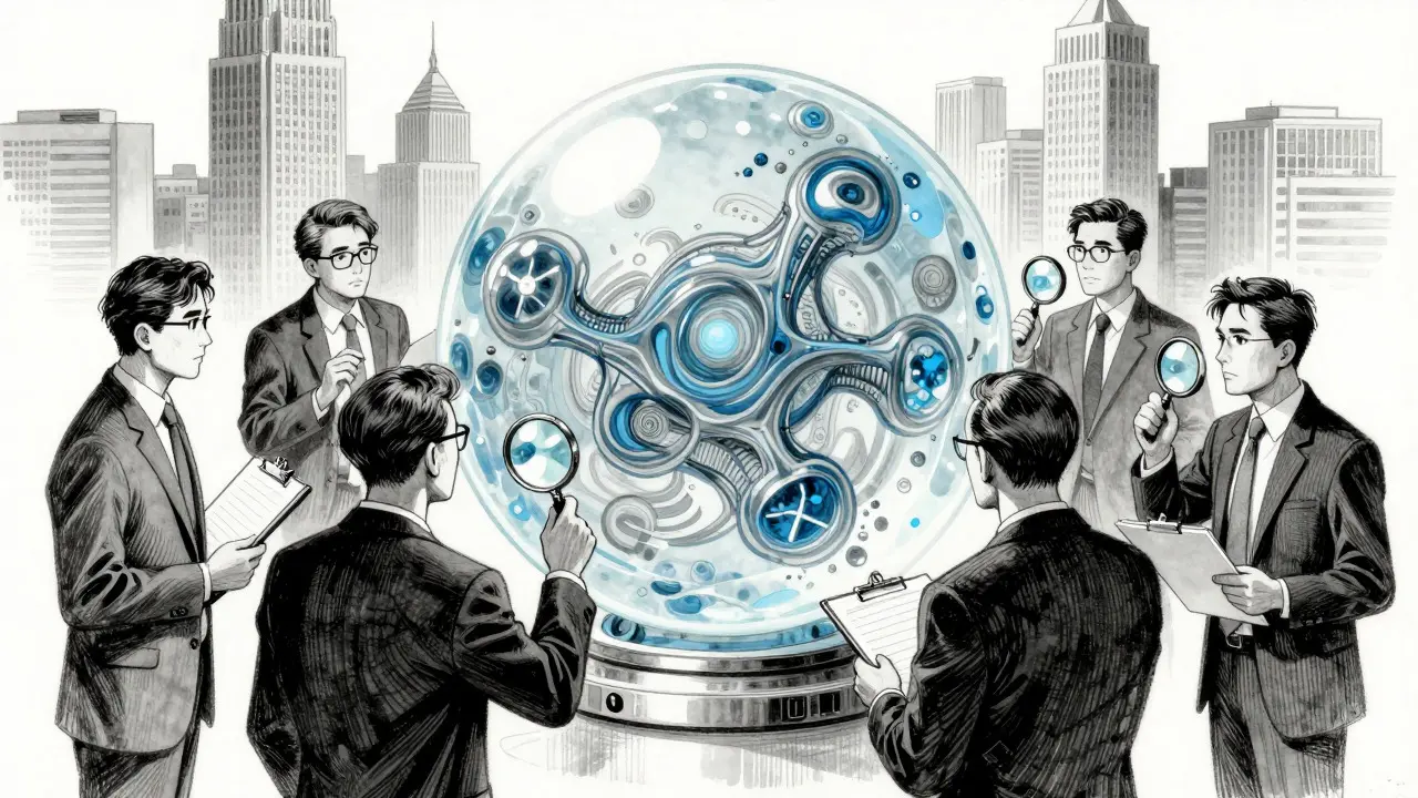 Auditors examining a transparent crystal sphere containing an AI model for bias and errors.