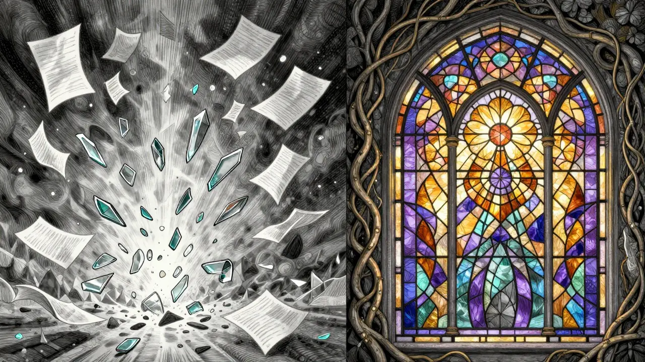 Contrast between chaotic floating shards and an ordered, glowing mosaic, illustrating random vs. structured AI training.