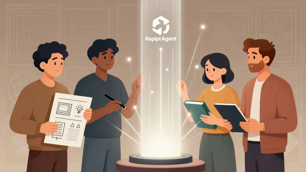 Diverse professionals collaborating with an AI assistant to build applications easily.