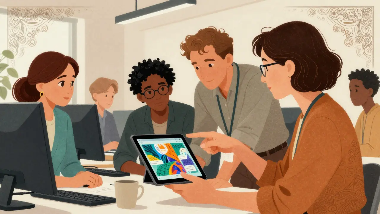 Diverse team reviewing digital images for accessibility in illustration