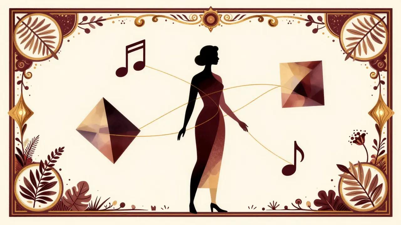 Elegant drawing showing audio, visual, and data elements connected by golden threads in a decorative frame.