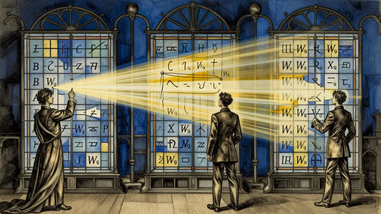 Figures standing before ornate matrices that transform text into light patterns.