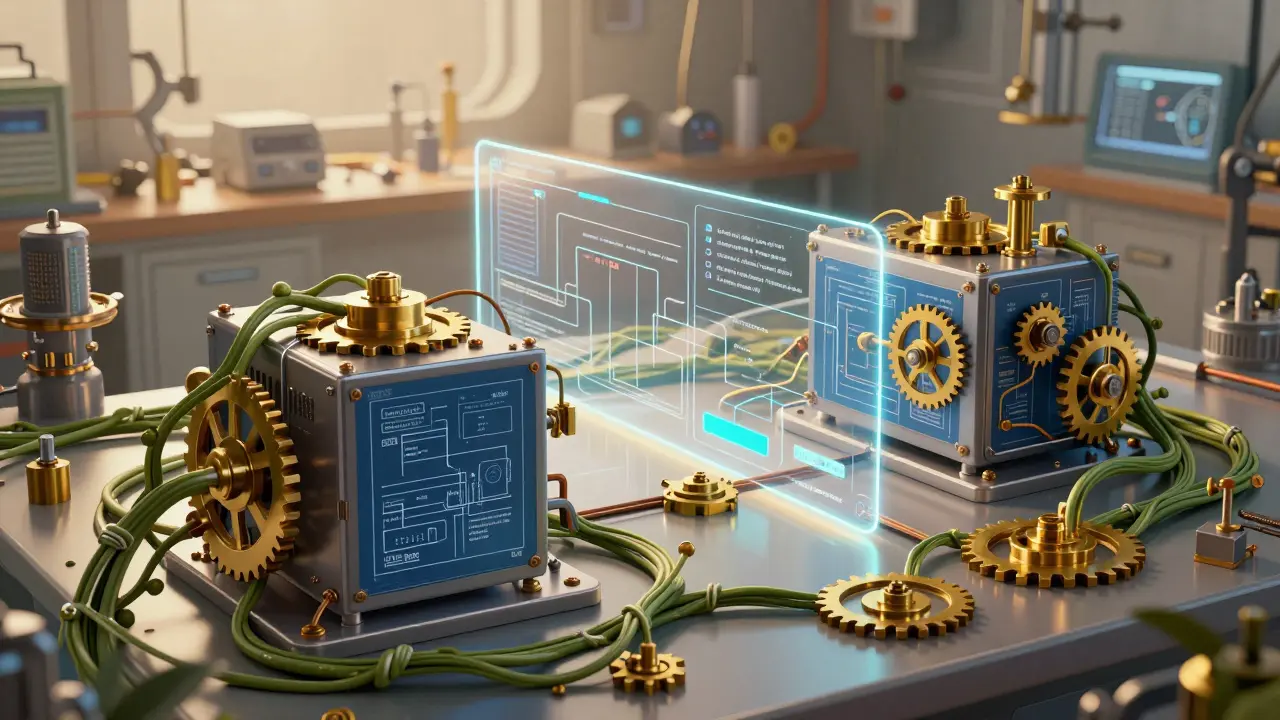 Futuristic lab showing neural nets integrated with symbolic logic gears