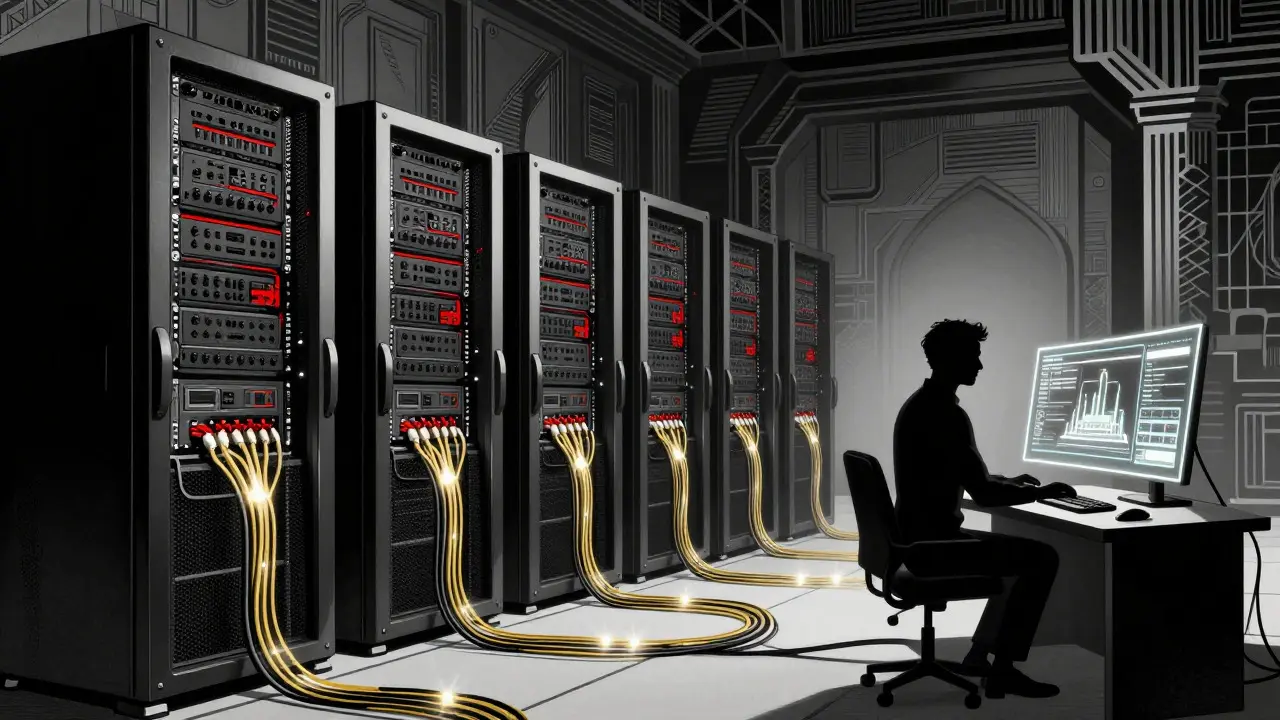 Futuristic server room with glowing cables and a developer silhouette