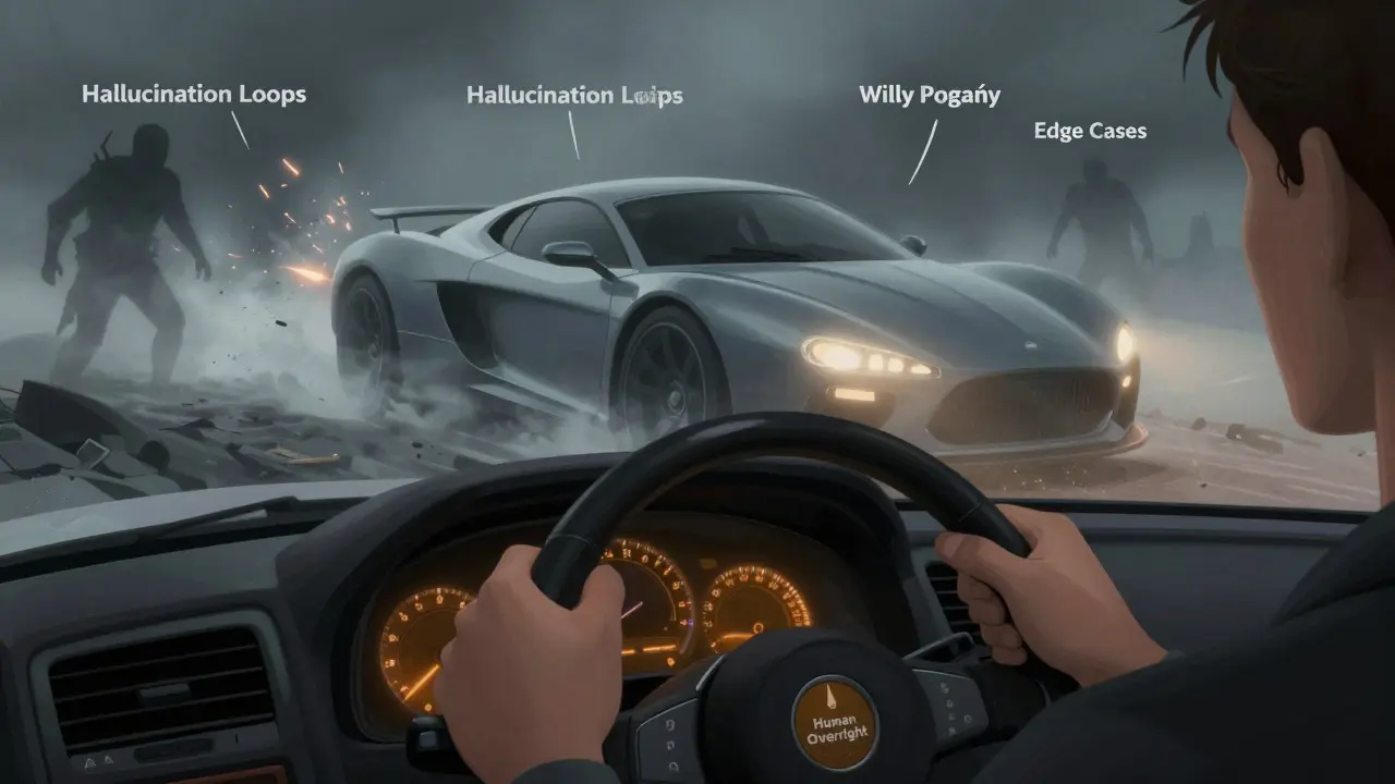 Human steering AI agent vehicle through risky, foggy terrain