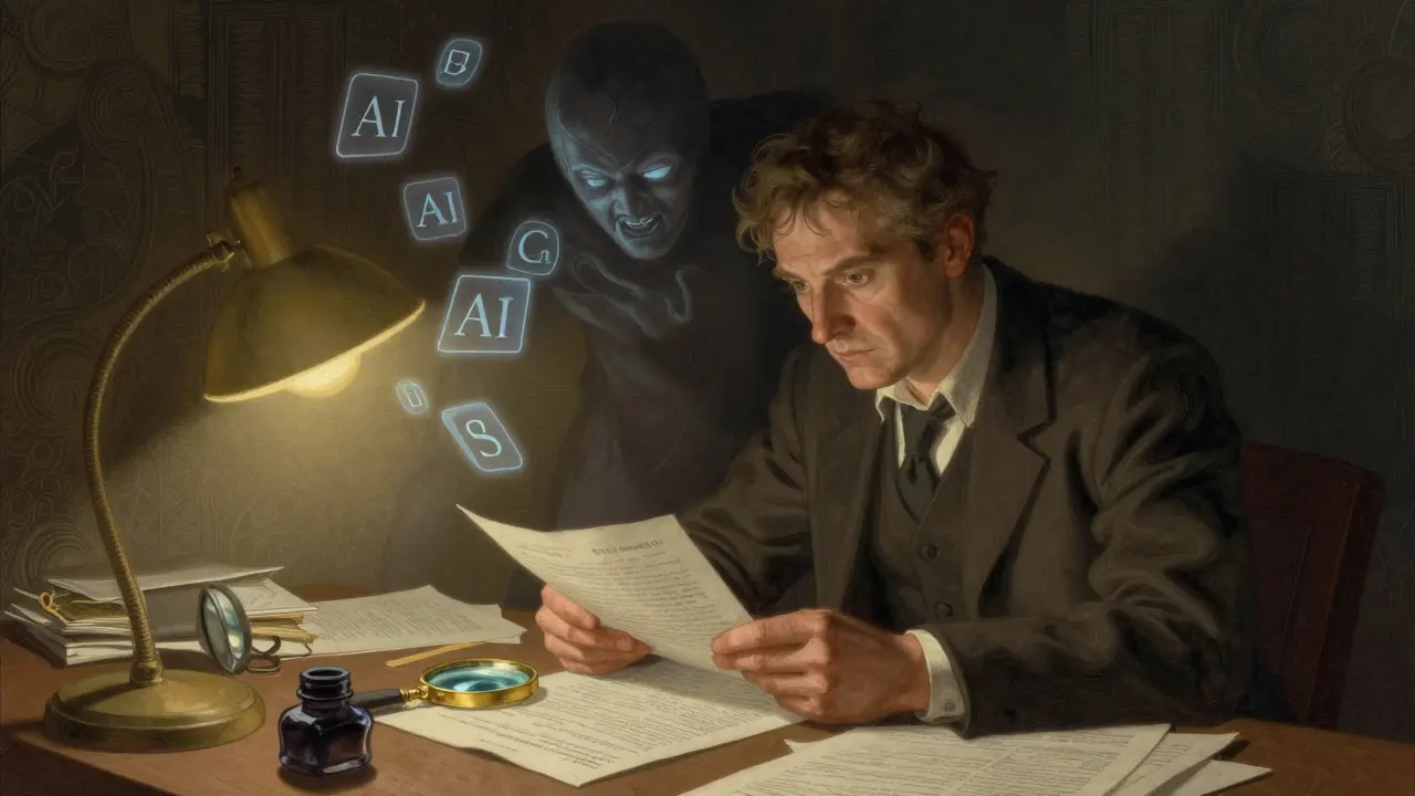 Illustration of a scholar verifying facts at a desk while ignoring a shadowy AI presence in the background.
