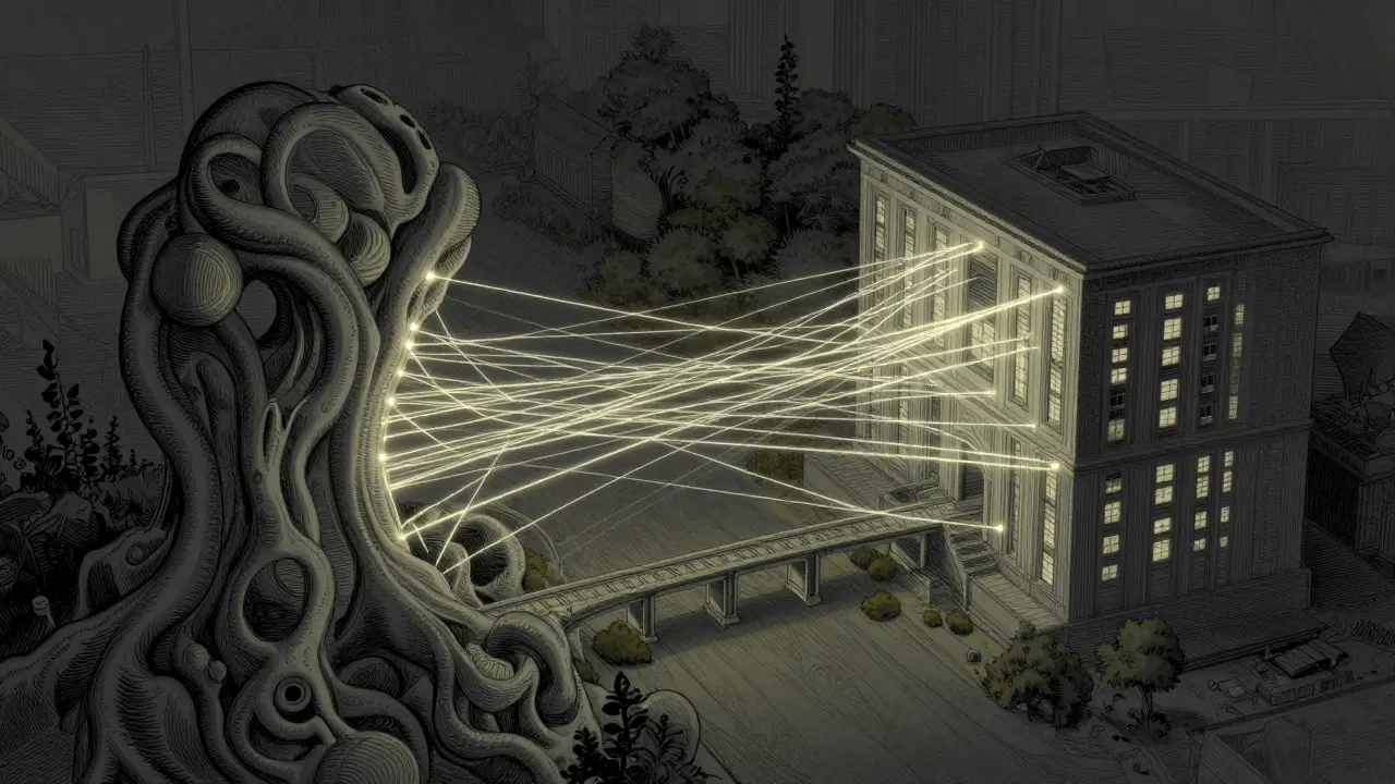 Interconnected structures linked by glowing threads representing control mapping