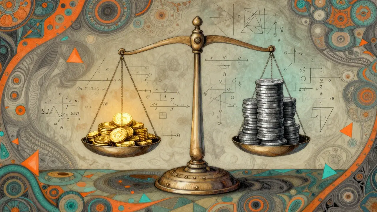 Intricate scale balancing golden and silver tokens amidst mathematical symbols