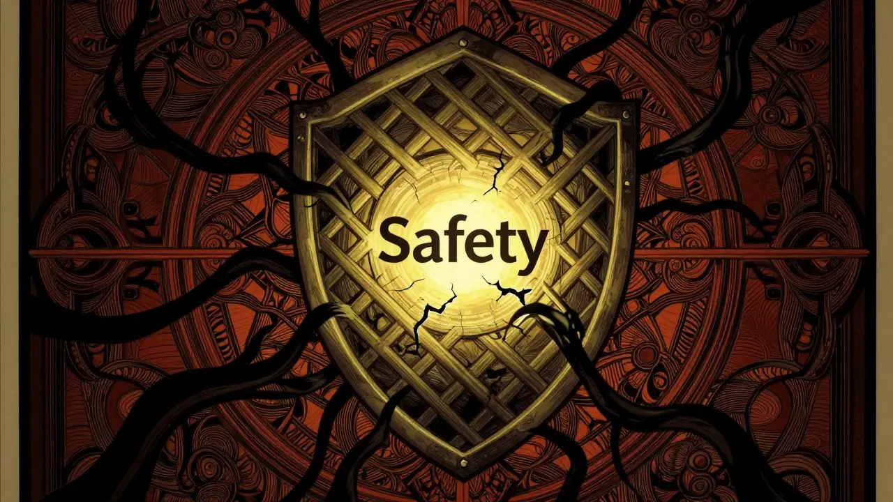 Intricate shield against shadowy threats, illustrating AI safety limits