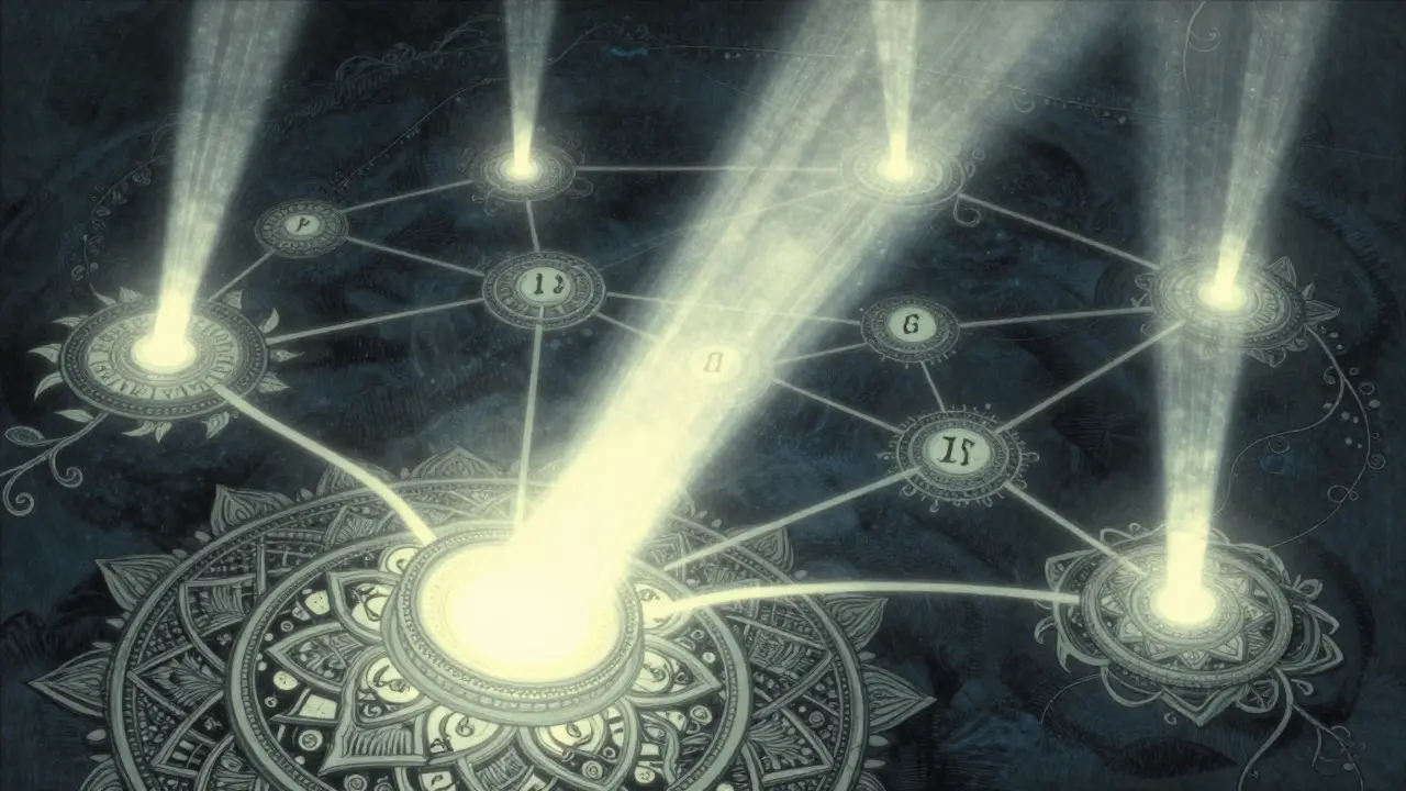 Mystical network of light connecting linguistic symbols via vine-like tendrils