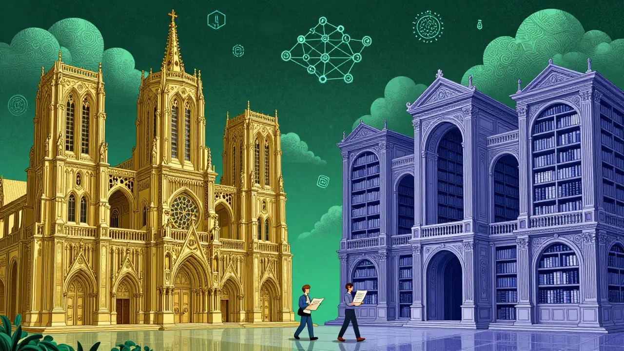 Ornate towers representing closed and open source AI models