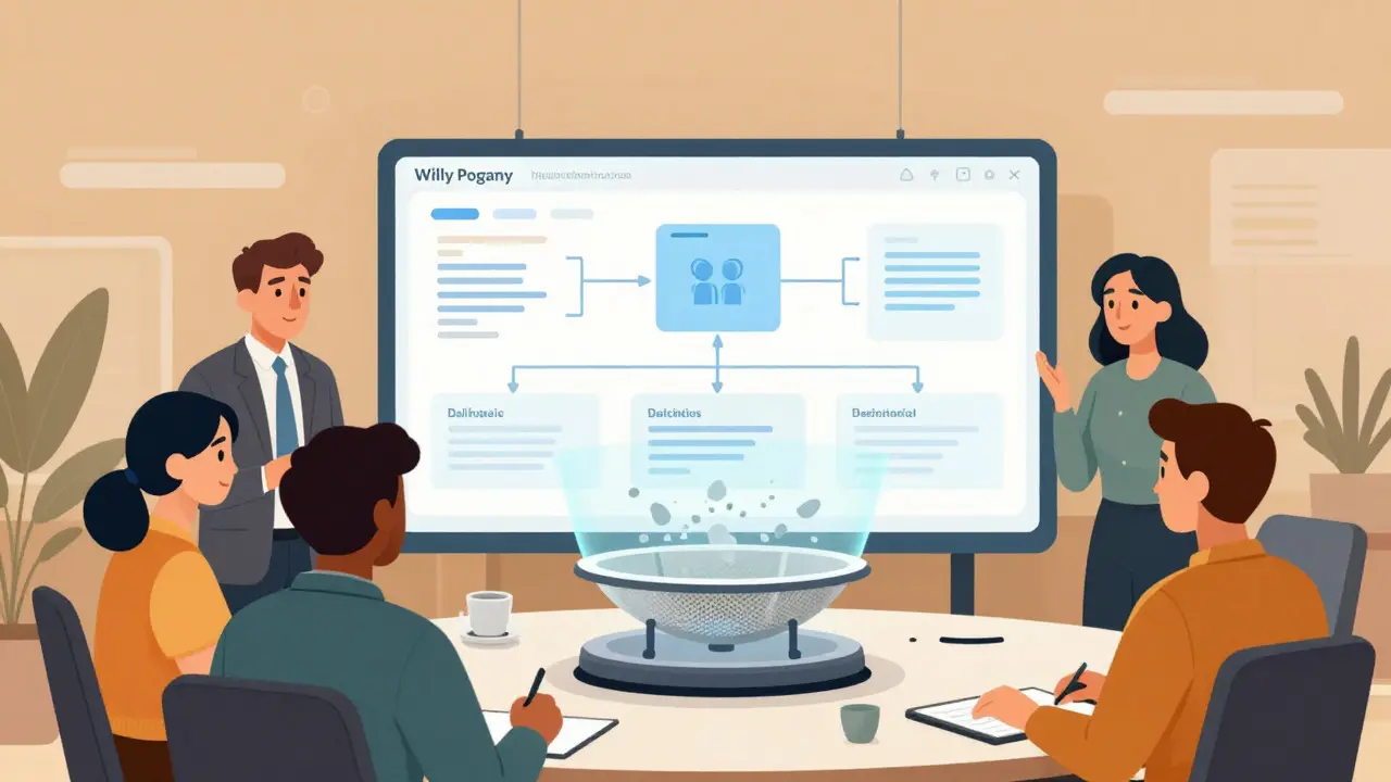 Professionals collaborating around a clean data interface, filtering errors for accurate AI results.