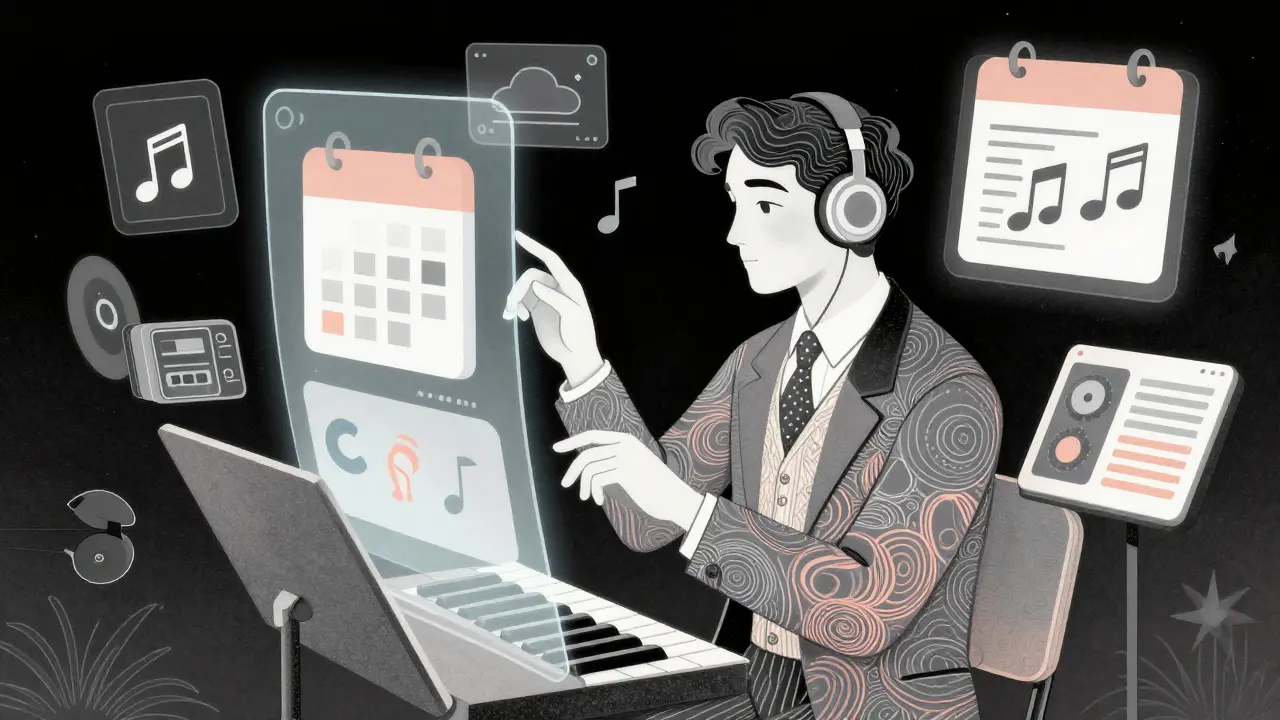 Retro-futuristic figure interacting with floating holographic audio tools.