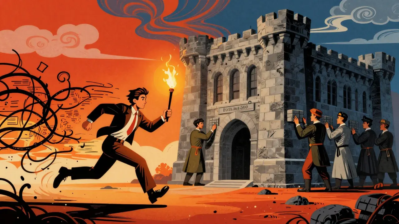 Startup developer running fast leaving messy code, contrasted with a cautious enterprise fortress.
