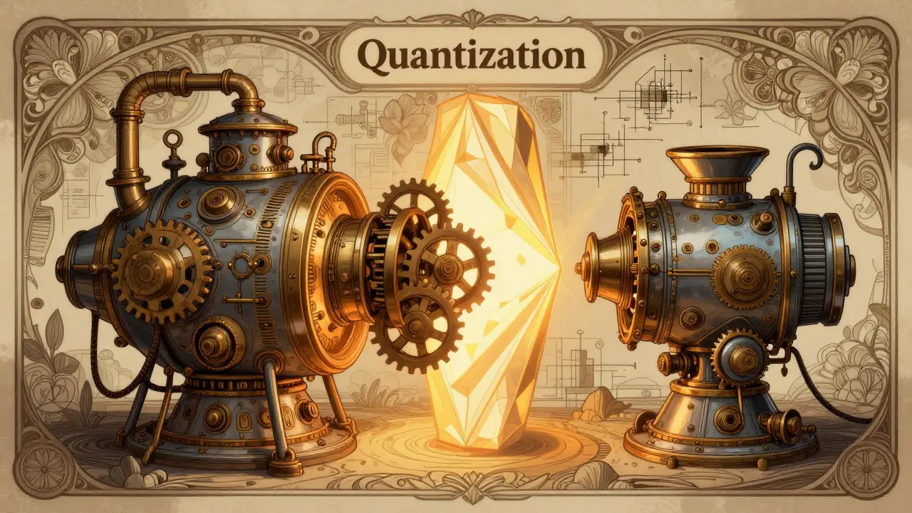 Steampunk machine shrinking through a portal via quantization and pruning techniques.