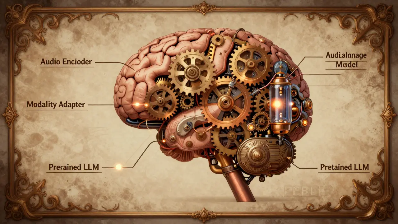 Steampunk-style mechanical brain representing audio-language model architecture.