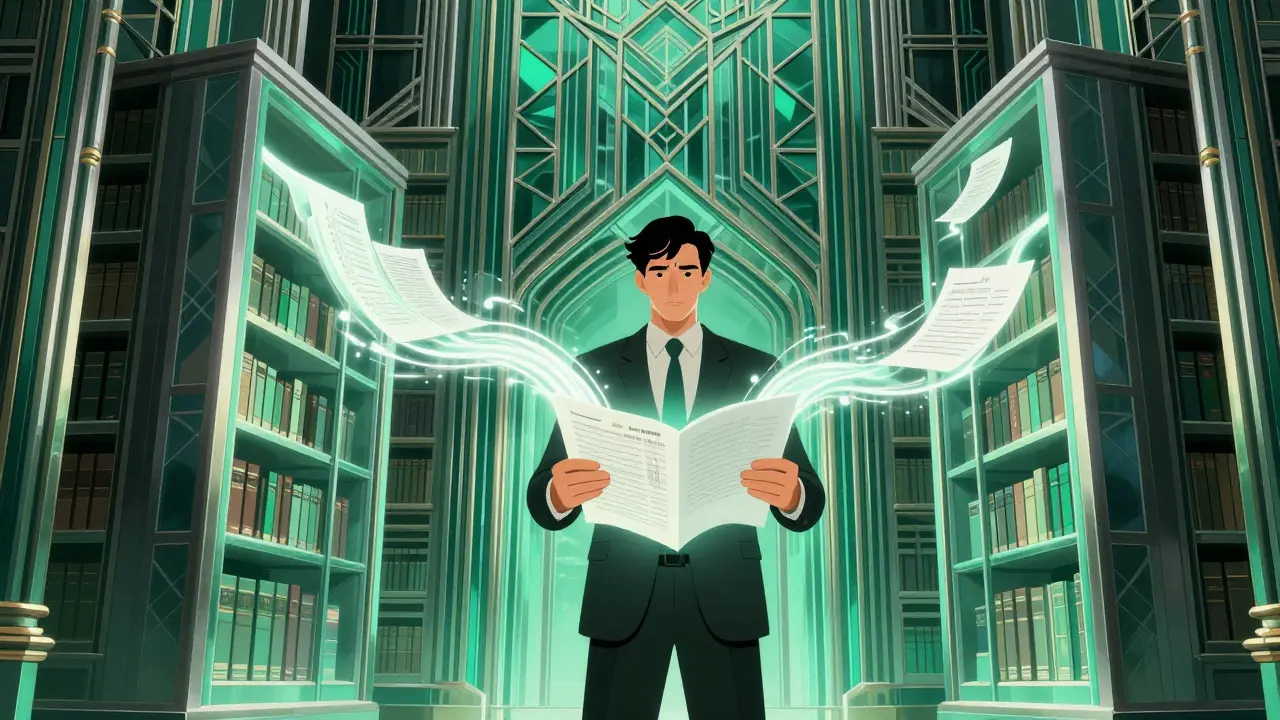 Stylized drawing of a worker accessing private data via glowing light streams from an ornate archive.