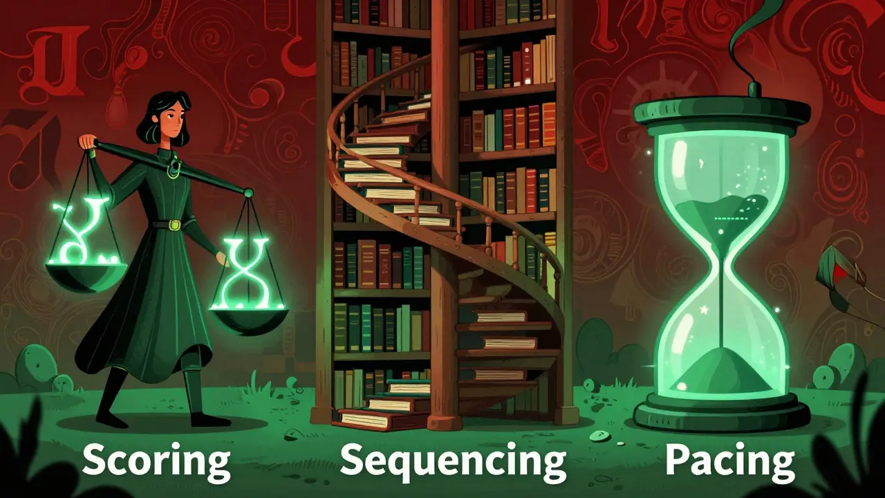 Stylized drawing of three symbols: scales, a spiral staircase, and an hourglass, representing scoring, sequencing, and pacing.