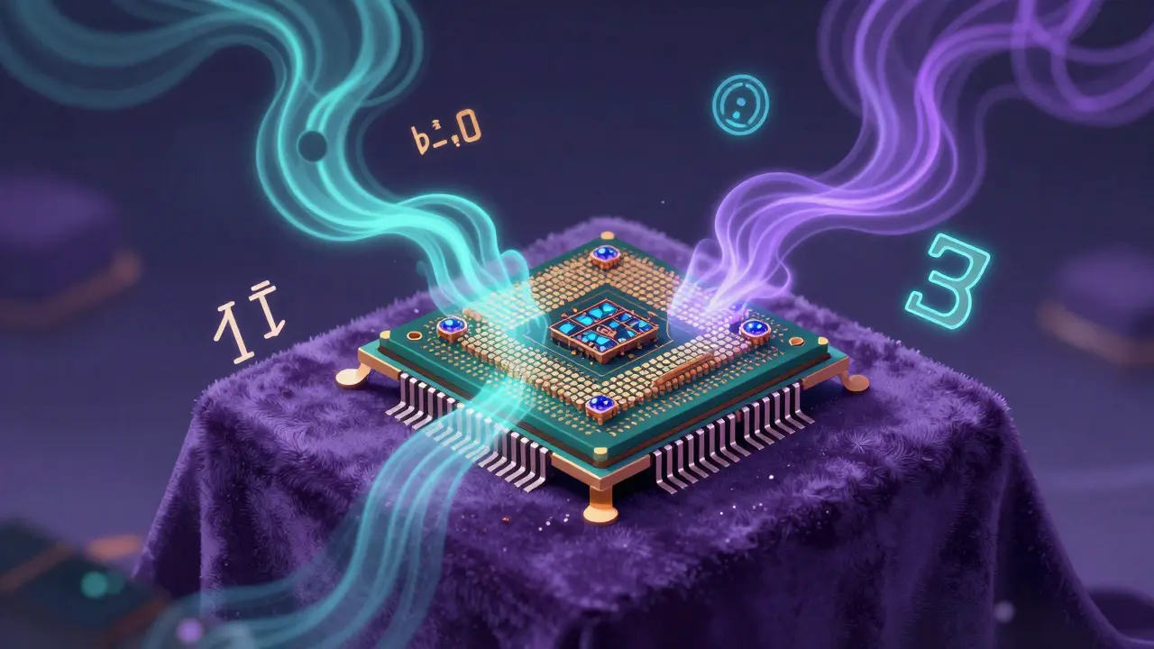 Stylized GPU chip with swirling data streams in Willy Pogány style