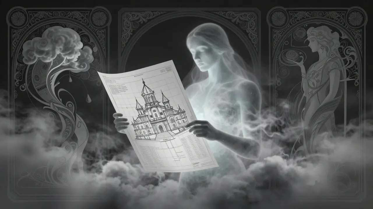 Stylized illustration of AI generating structured outputs from abstract digital clouds and mist.