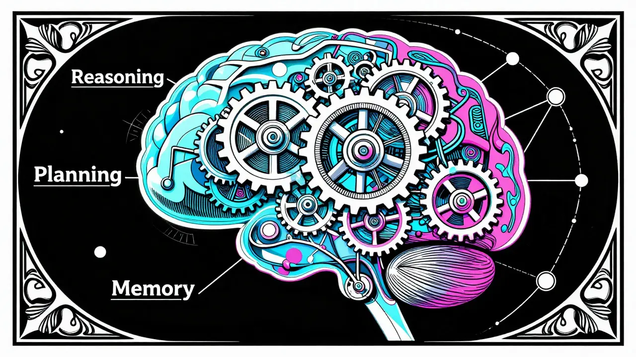 Stylized mechanical brain illustrating AI reasoning and memory systems