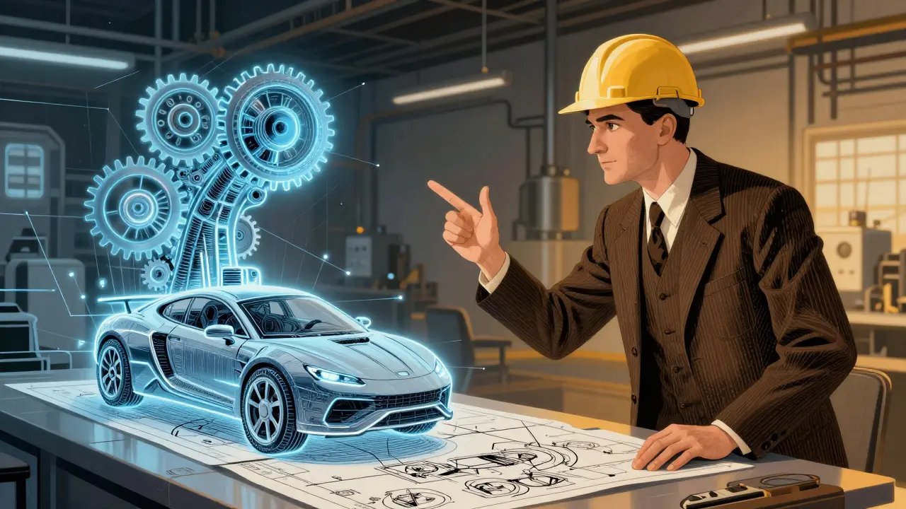 Vintage illustration of a human engineer collaborating harmoniously with a stylized AI entity.