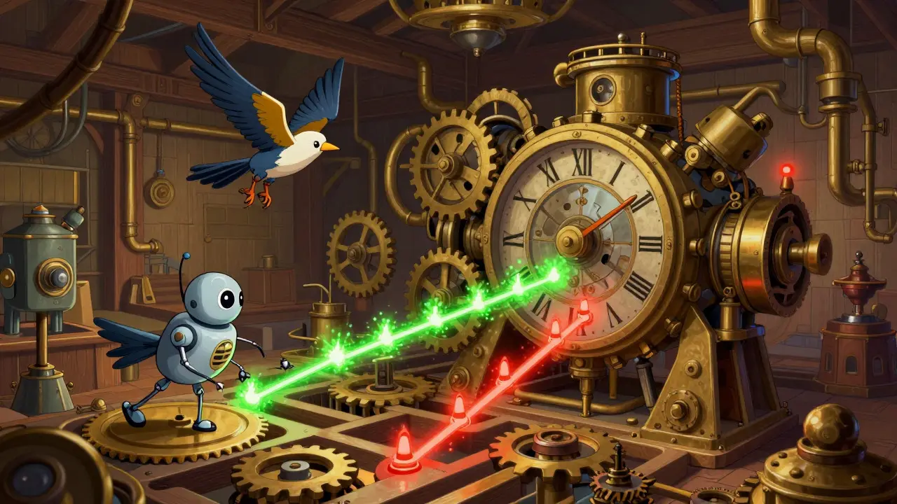 A mechanical metaphor showing a large engine and a small bird automaton collaborating in a workshop.